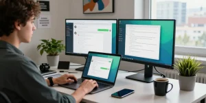 Using WhatsApp電腦版 on a modern workspace laptop setup, showcasing productivity and communication.