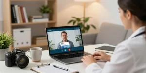 Healthcare professional discussing medical marijuana card online during a telehealth consultation in a welcoming home office.