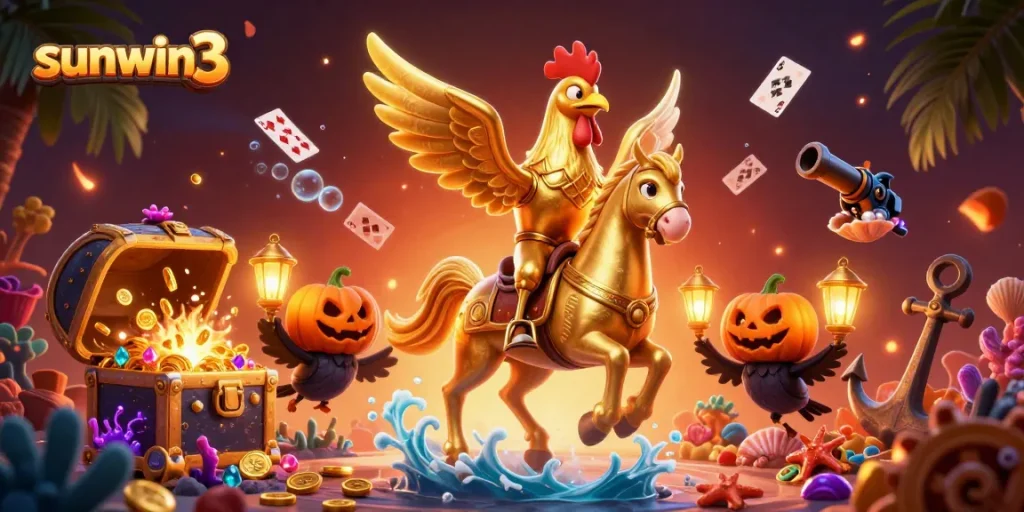 Join the exciting action at sunwin3 with a golden rooster, mystical companions, and vibrant casino game elements.