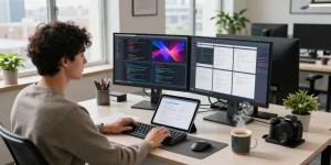 Developer using 截图工具 on dual monitors in a modern office