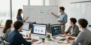 Team collaborating in a modern office, showcasing the WPS Official Website on screens, highlighting teamwork and innovation.