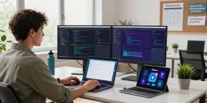 Engaged developer coding on Telegram官网 interface in a bright workspace, showcasing tech innovation and productivity.