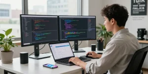 Engaged software developer in a tech workspace using the Telegram官网 app on multiple devices for productivity.