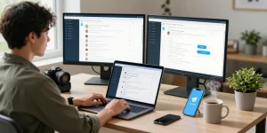 Accessing Telegram Web Version on a laptop in a stylish home office.