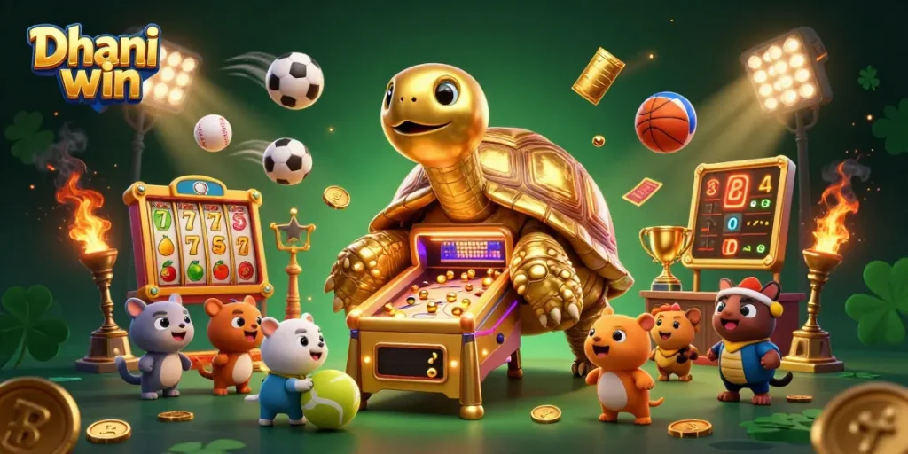 Dhani win offers immersive gaming with a colossal tortoise pinball machine and vibrant casino elements.