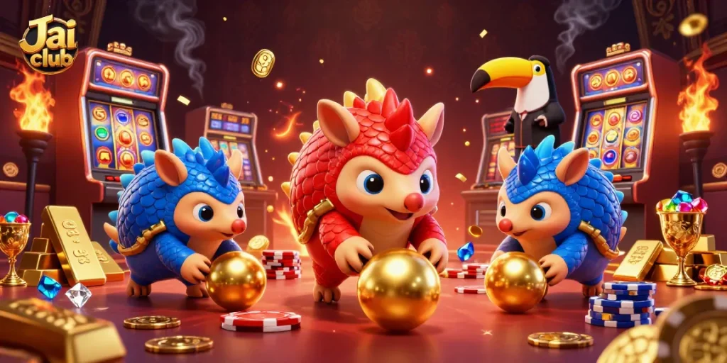 Competing pangolins roll golden balls in a vibrant Jai club casino scene filled with jewels and chips.