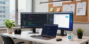 Developer coding on laptop in a modern workspace, showcasing telegram官网 features and app functionality.