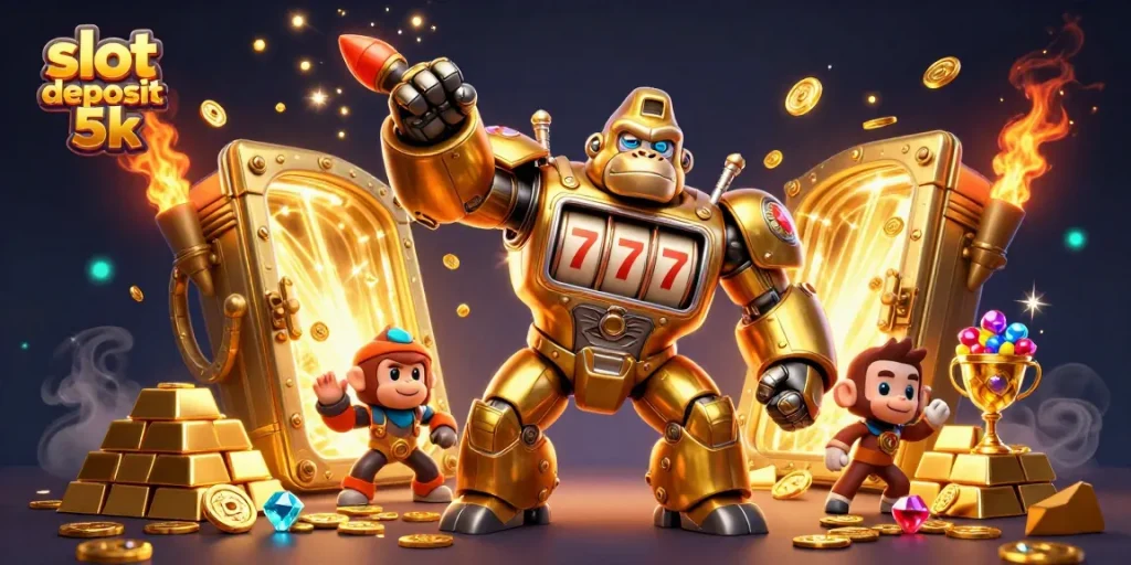 Win with slot deposit 5k in a vibrant 3D illustration of a golden gorilla mech amidst treasure.