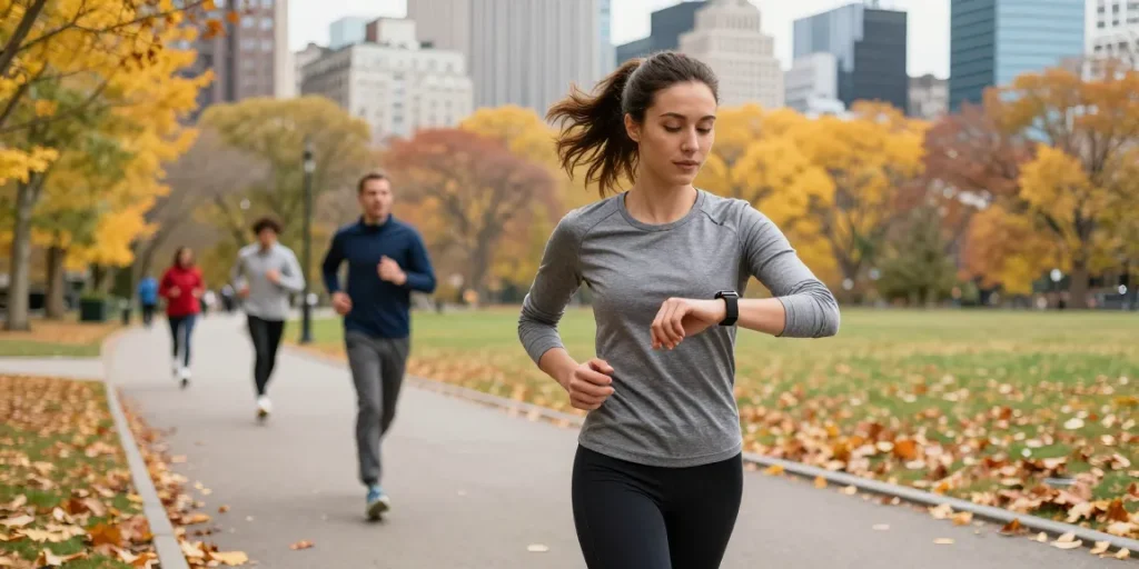 Wanita muda menggunakan https://www.polarfitbitshop.com/fitbit-luxe/ saat jogging di taman kota yang cerah dengan daun jatuh berwarna-warni.